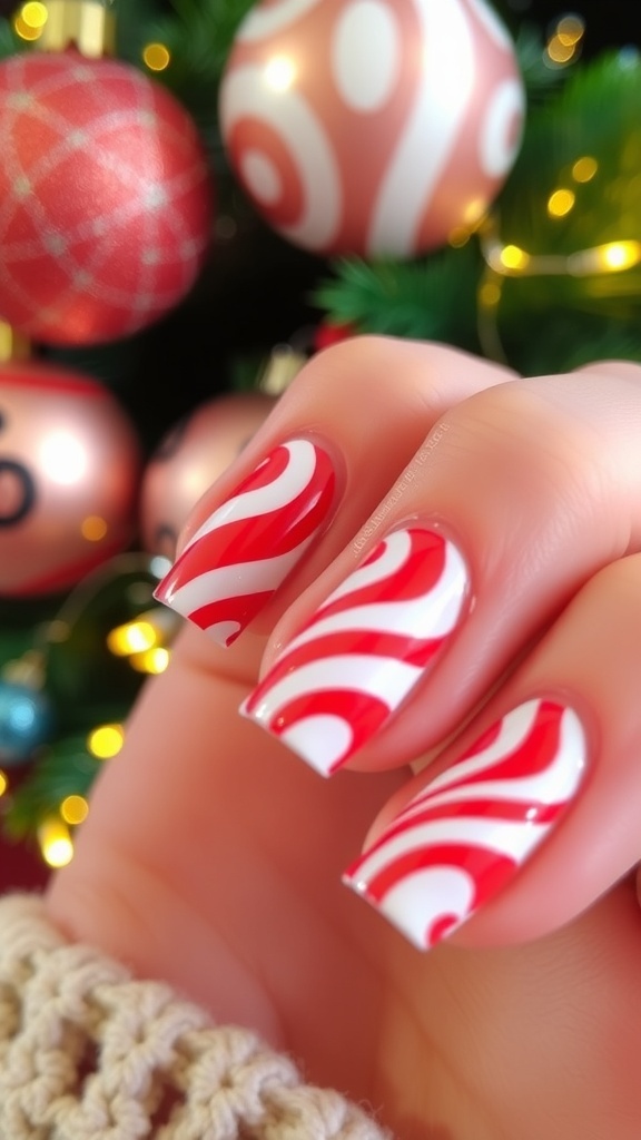 Close-up of candy cane themed nail art with red and white stripes on a festive background.